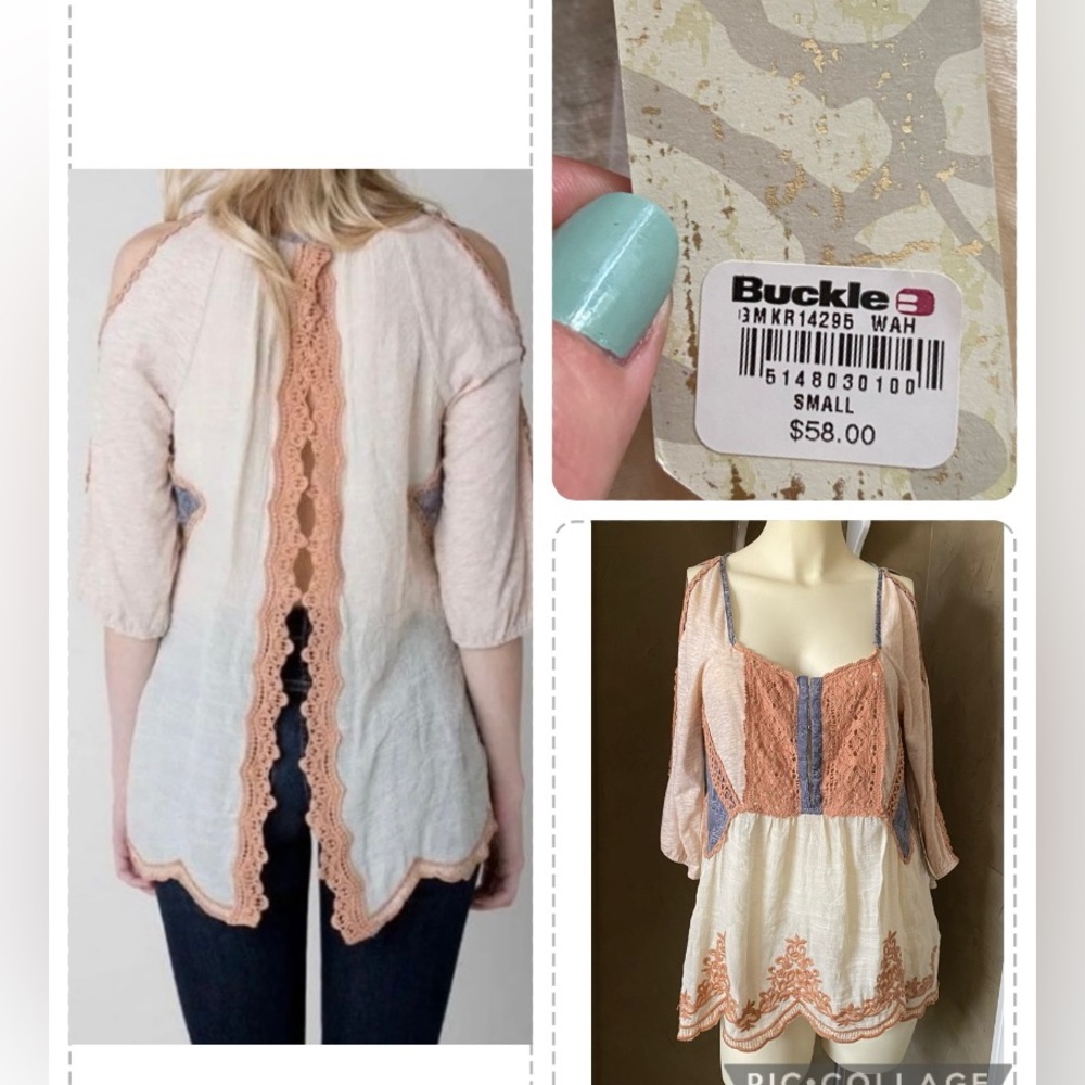 BKE Gimmicks Lace Cold Shoulder Open Back Henley boho women’s size S